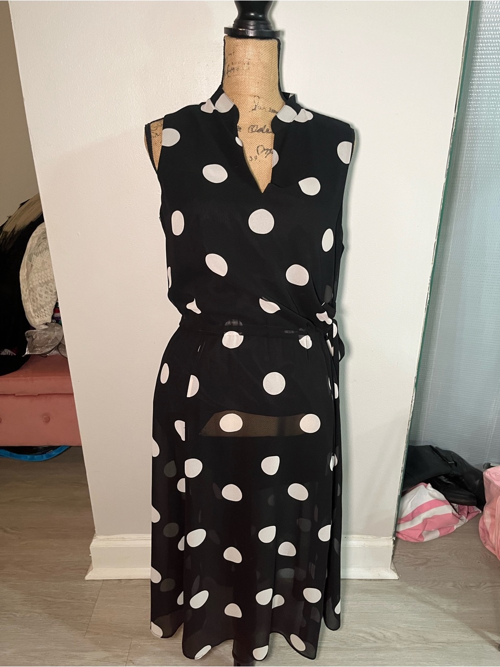 Anne Klein Black Dress with White Polka Dots Drawstring Waist Dress Large